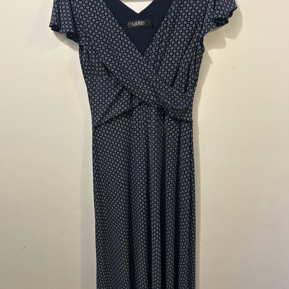 Lauren Ralph Lauren Black Label Dress Womens 4 Blue Maxi Jersey Print Stretch